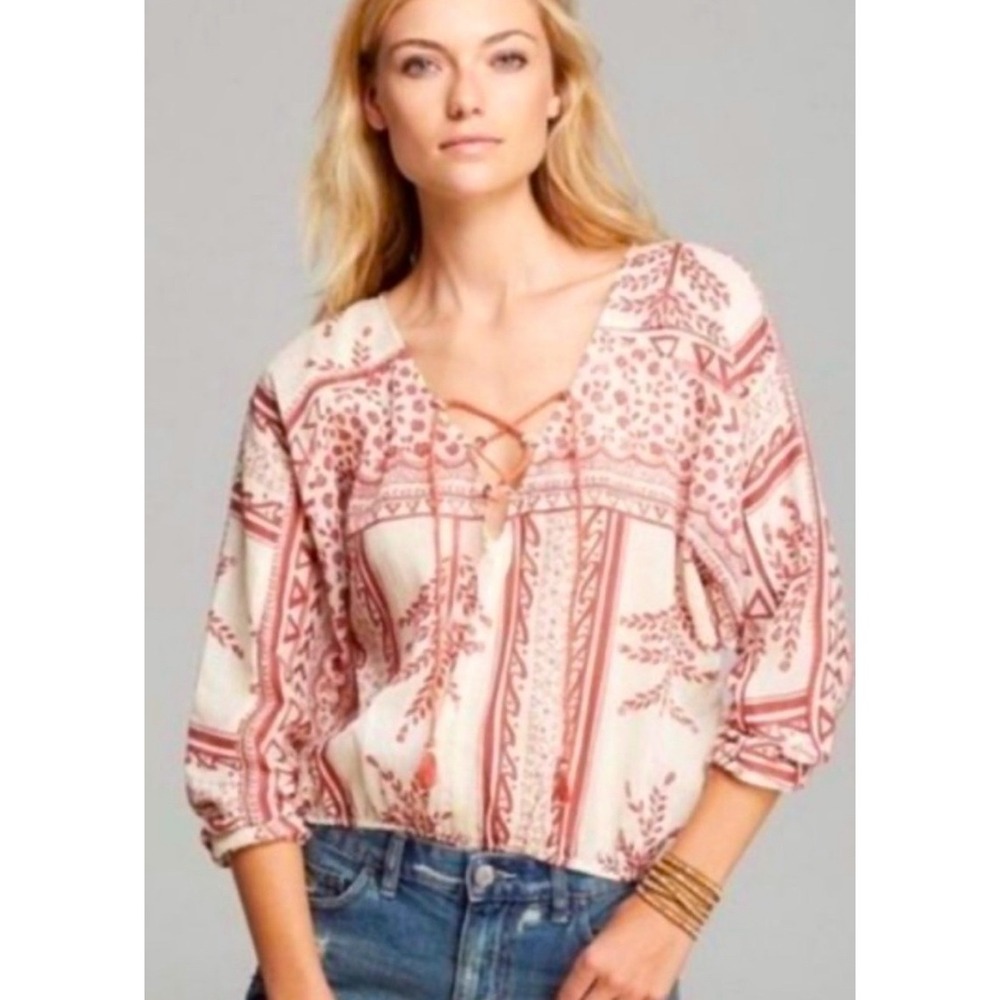 Free People Yo Yo Geo Peasant Blouse Red Cream Paisley Lace Up Tassel‎ READ M